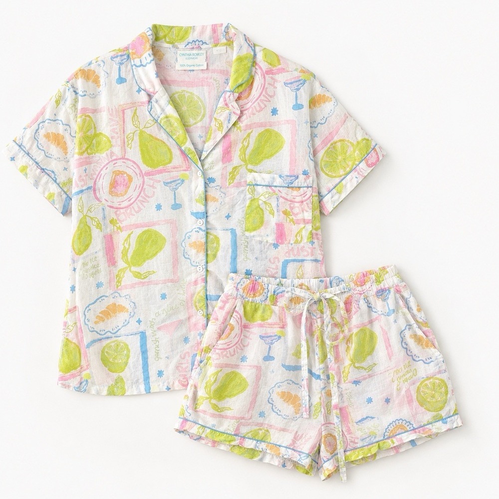 Women's Cynthia Rowley Short Set 100% Organic Cotton Brunch Pear Fruit M Pajama